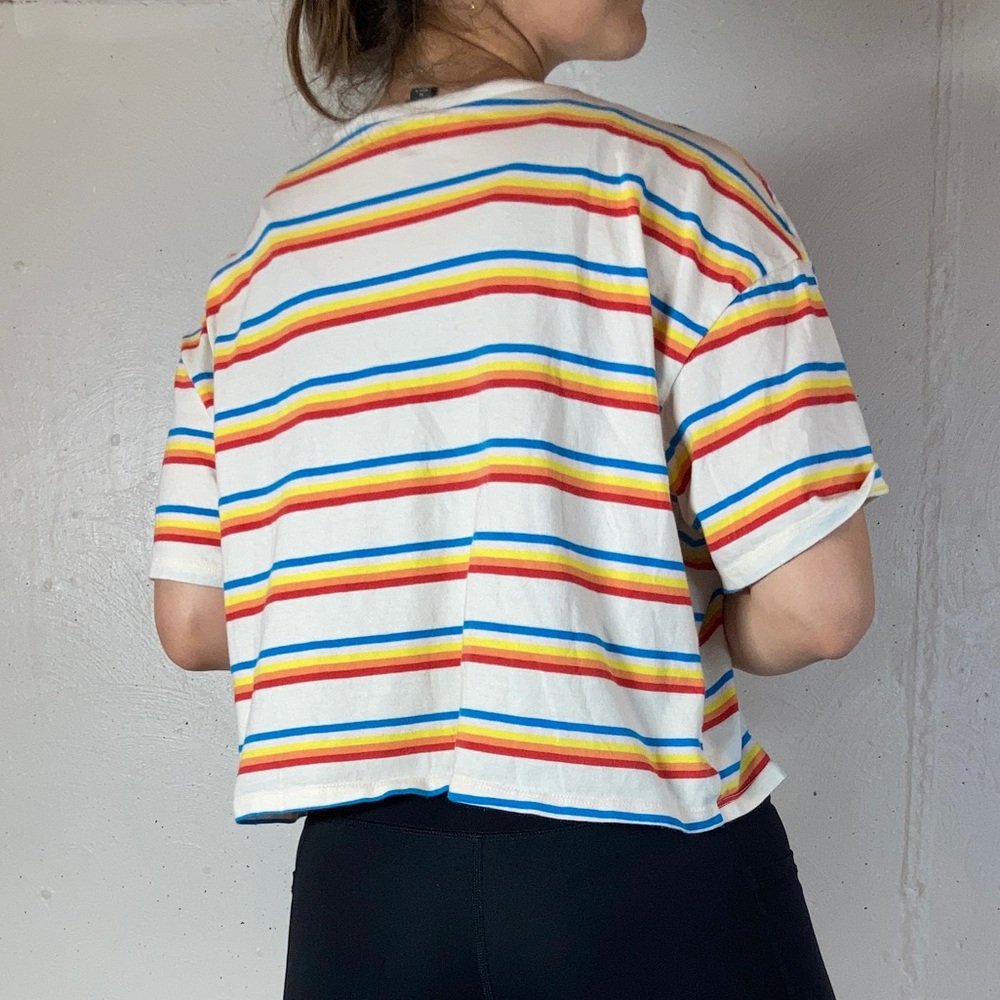 Rainbow Striped Cropped Short Sleeve Tee Shirt - Picture 5 of 7